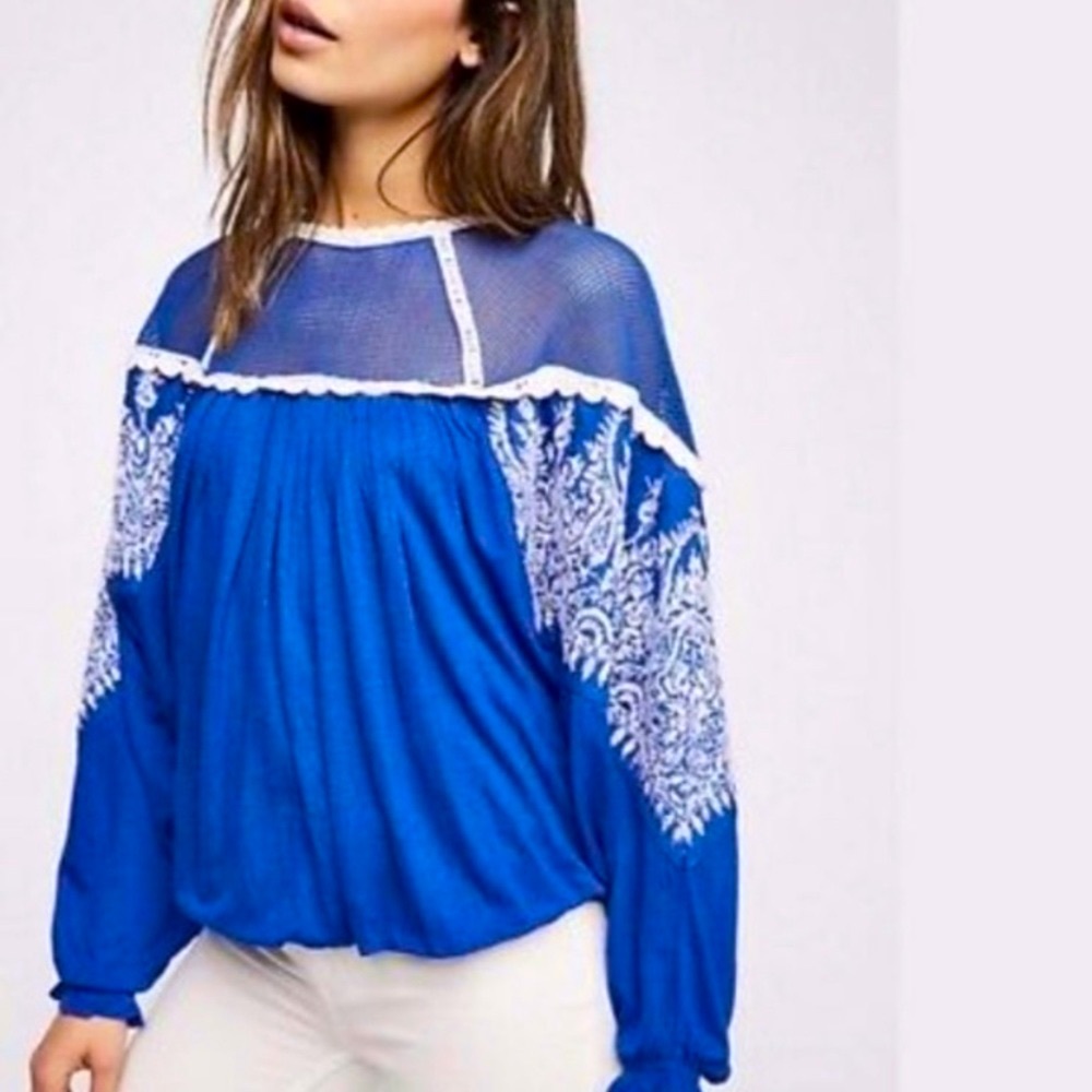 NWT Free People Carly Embroidered Top Blue XS
